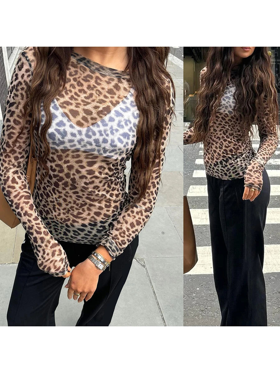 Women s Long Sleeve Leopard Print Mesh Sheer Top with Flare Sleeves