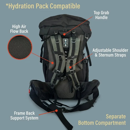 Large Camping/Hiking Hydration Backpack With Separated Bottom Compartment   65L + 5L