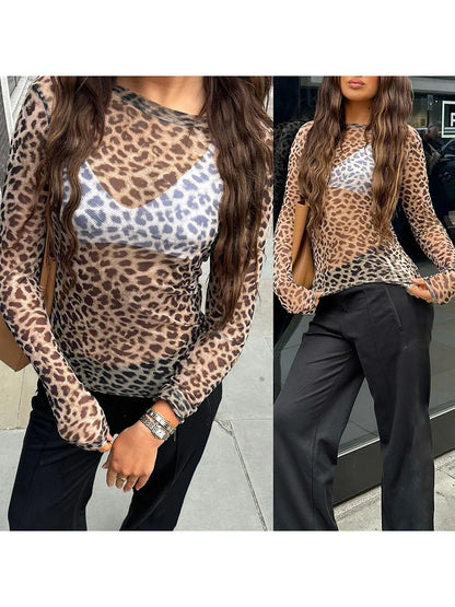 Women s Long Sleeve Leopard Print Mesh Sheer Top with Flare Sleeves