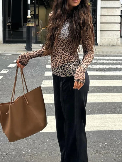 Women s Long Sleeve Leopard Print Mesh Sheer Top with Flare Sleeves