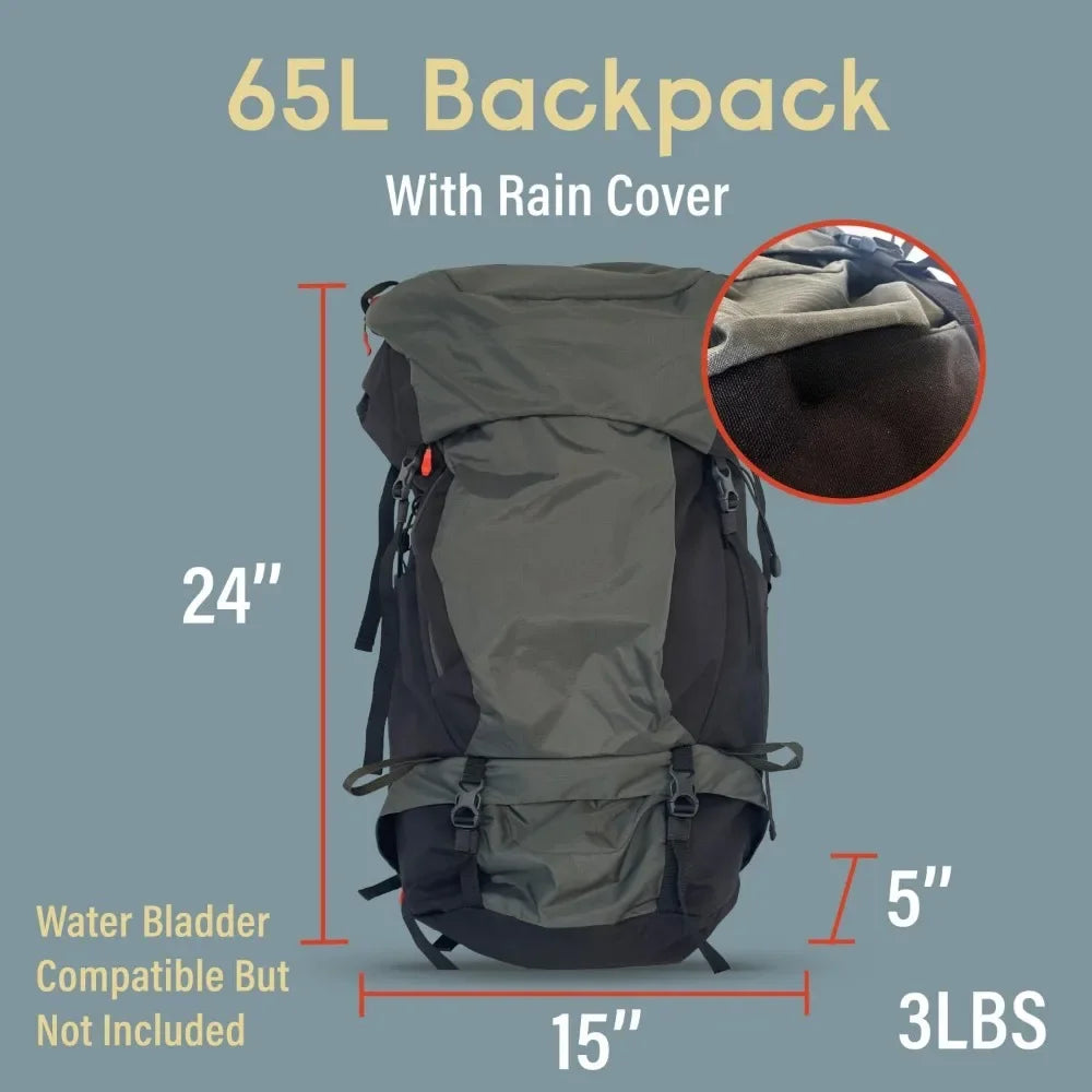 Large Camping/Hiking Hydration Backpack With Separated Bottom Compartment   65L + 5L