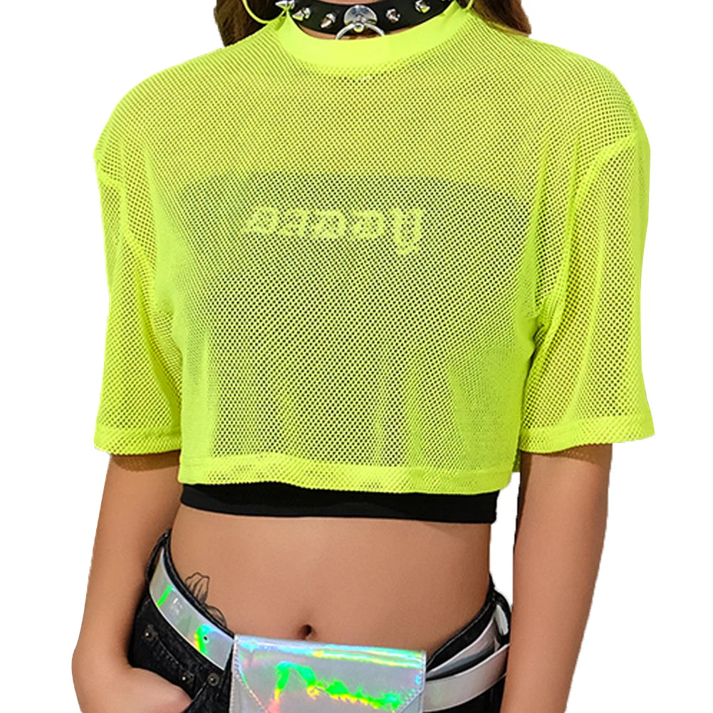 Ladies Sheer Mesh Transparent Casual Short Sleeve  Breathable Crop Top